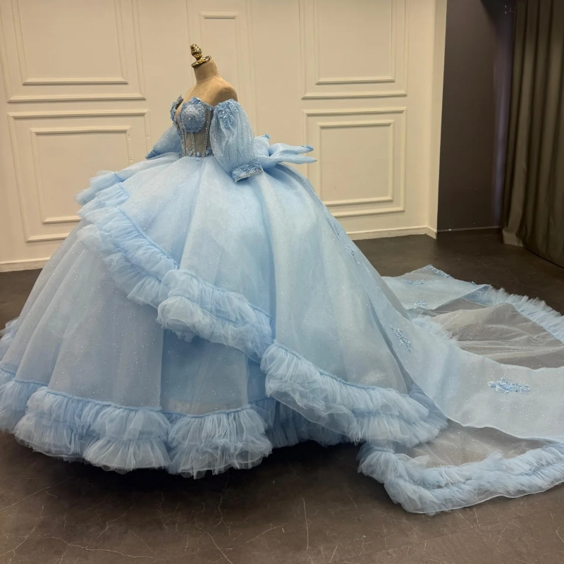 Sky Blue Shiny Quinceanera Dresses Ball Gown Off The Shoulder Applique Beads Bow Tiered Tull Party Birthday Sweet 16 Dress Vestido 15 De Anos