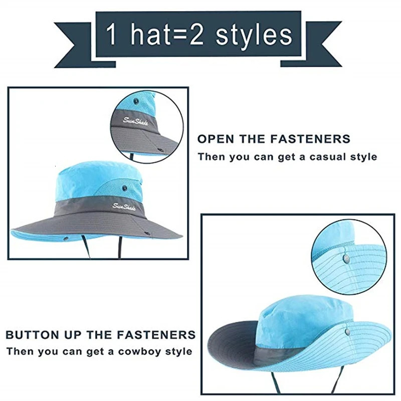 Safari Sun Hats for Women Summer Hat Wide Brim UV UPF Protection Ponytail Outdoor Fishing Hiking Hat for Female 250218