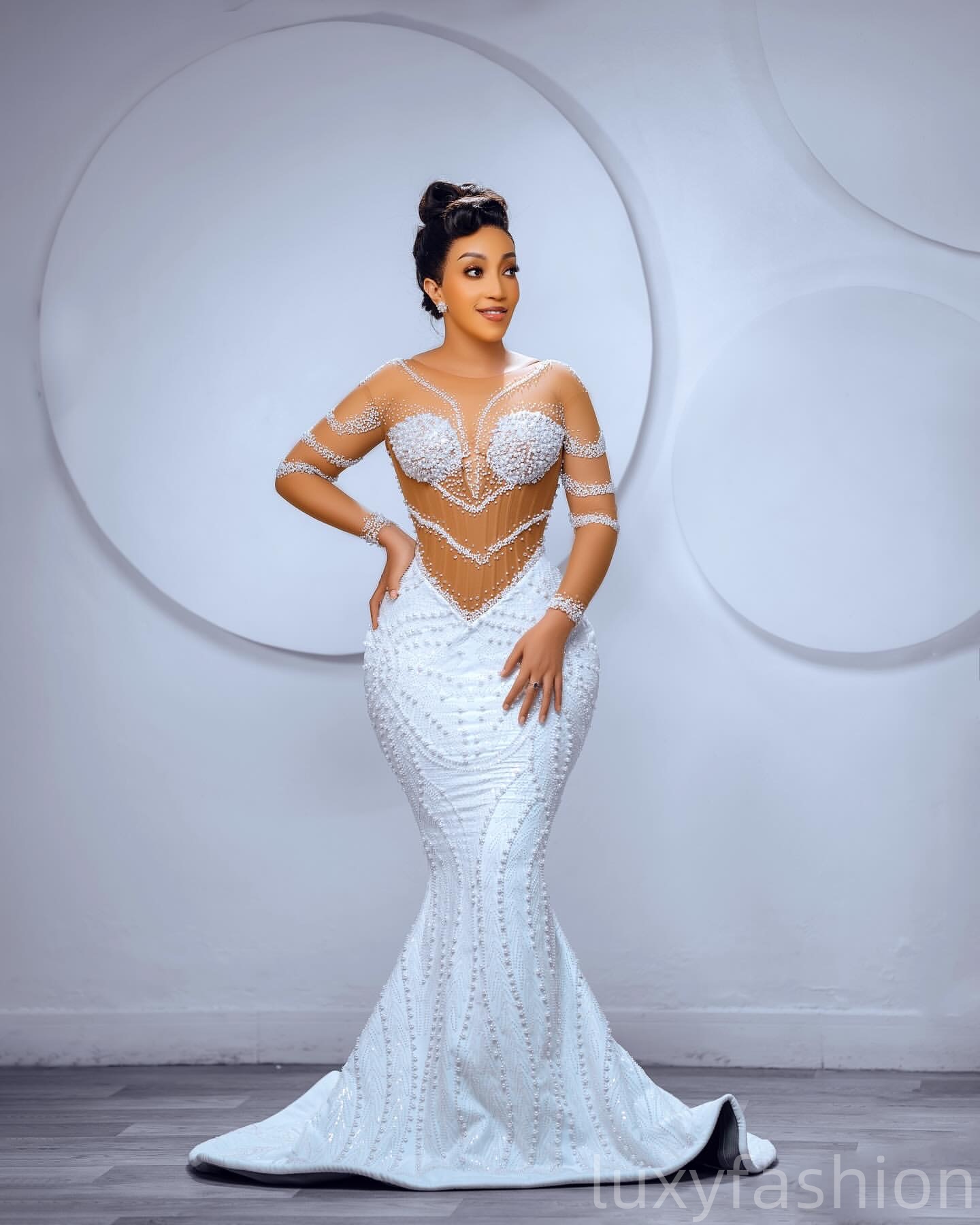 Aso Ebi 2025 White Illusion Mermaid Wedding Dresses Beaded Pearls Sequined Lace Detachable Train Bridal Gowns Dress ZJ0456