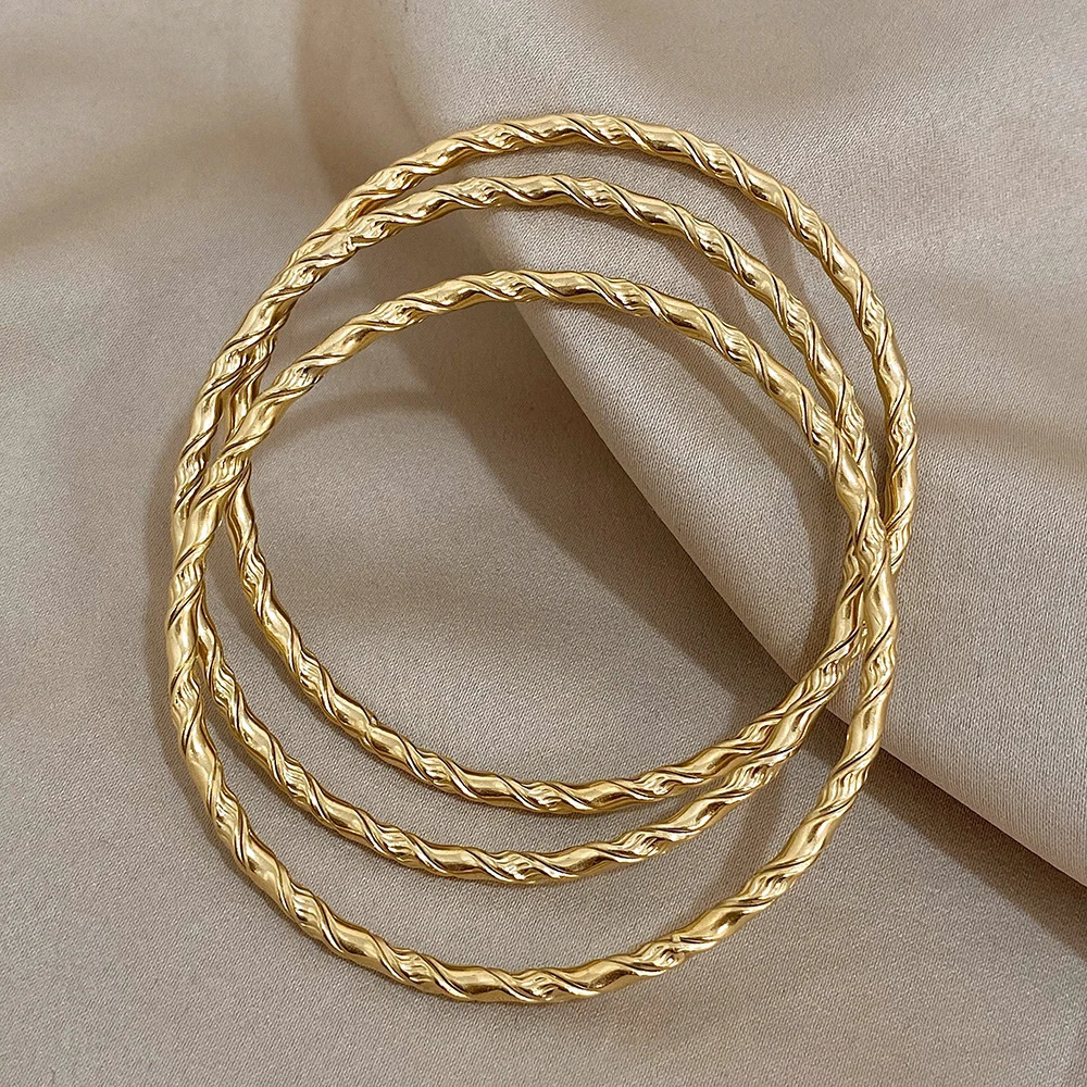3pcs Gold Color Twist Stainless Steel Bangle Bracelet Chic Classic Tibetan Buddha Golden Stacked Bangles For Women 250213