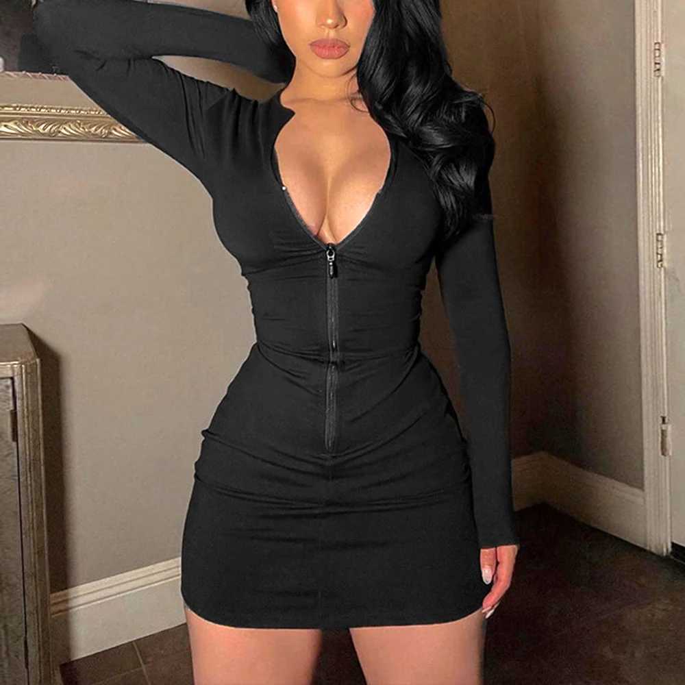 Basic Casual Dresses Zipper V-neck Long Slve Mini Dress Women Bodycon Sexy Strtwear Party Club Y2K Clothes Sportswear Autumn Winter Outfit H25217