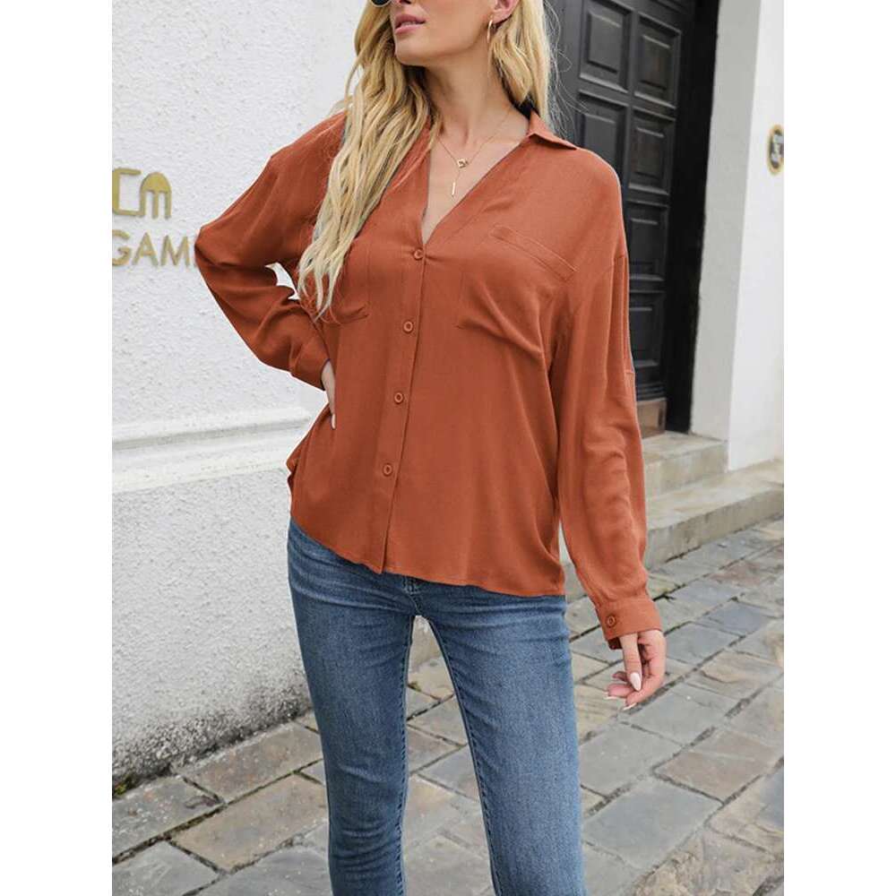 2024 Spring And Summer New Pocket V-Neck Long Sleeve Shirt Women's Casual Loose Solid Color Tops