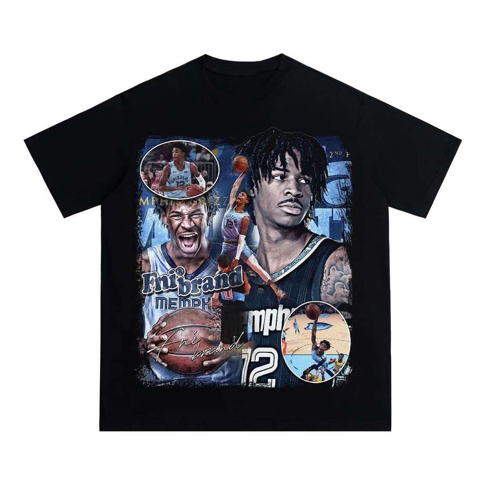 Morant vintage washed star print American hip-hop high street basketball summer men's and women's short sleeved shirt