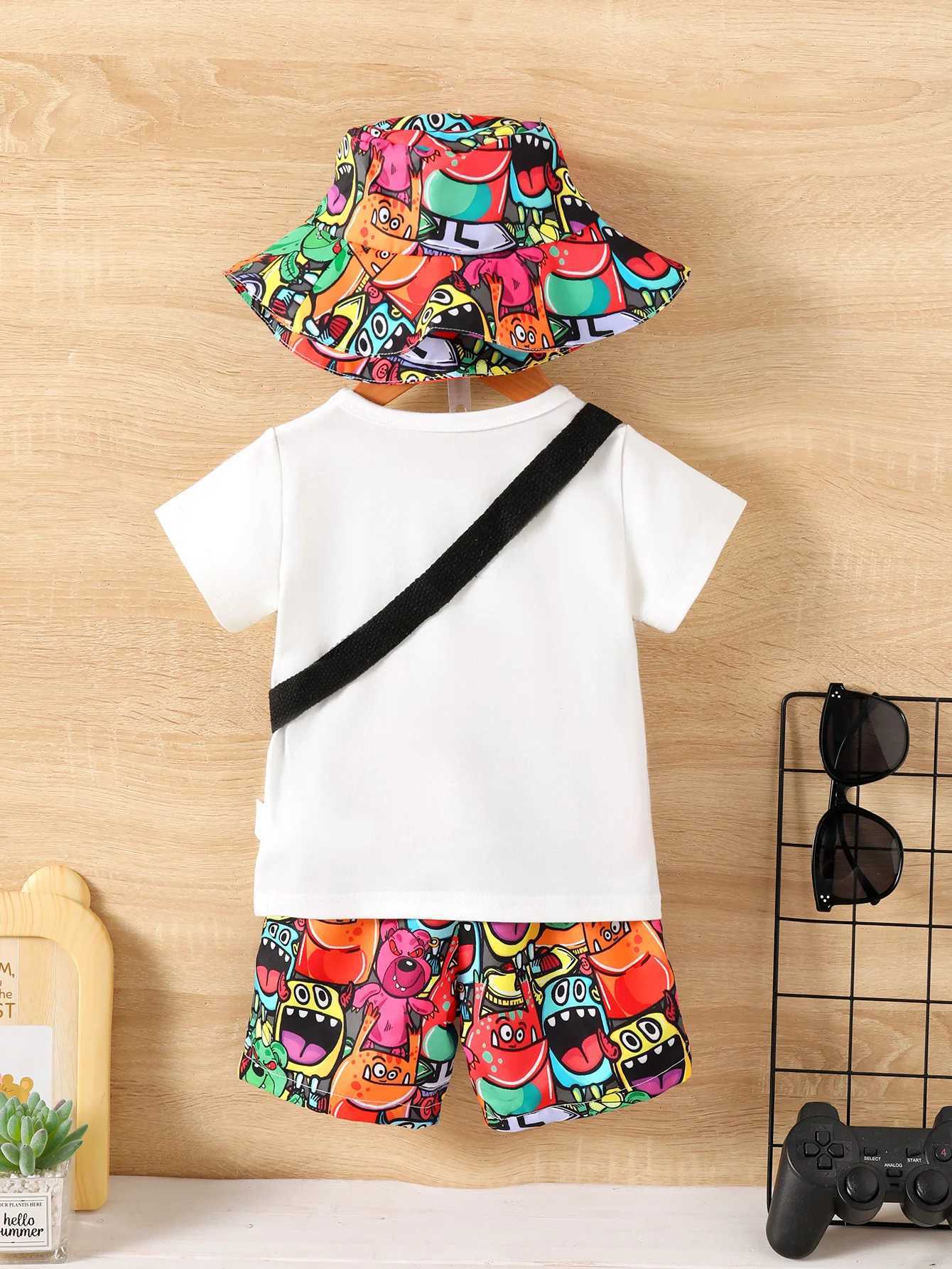 Baby Boys Summer Fashion Funny Four-Piece Pure White T-Shirt Top Monster Print Straddle Bag Pocket Pants Sunscreen Hat W250218