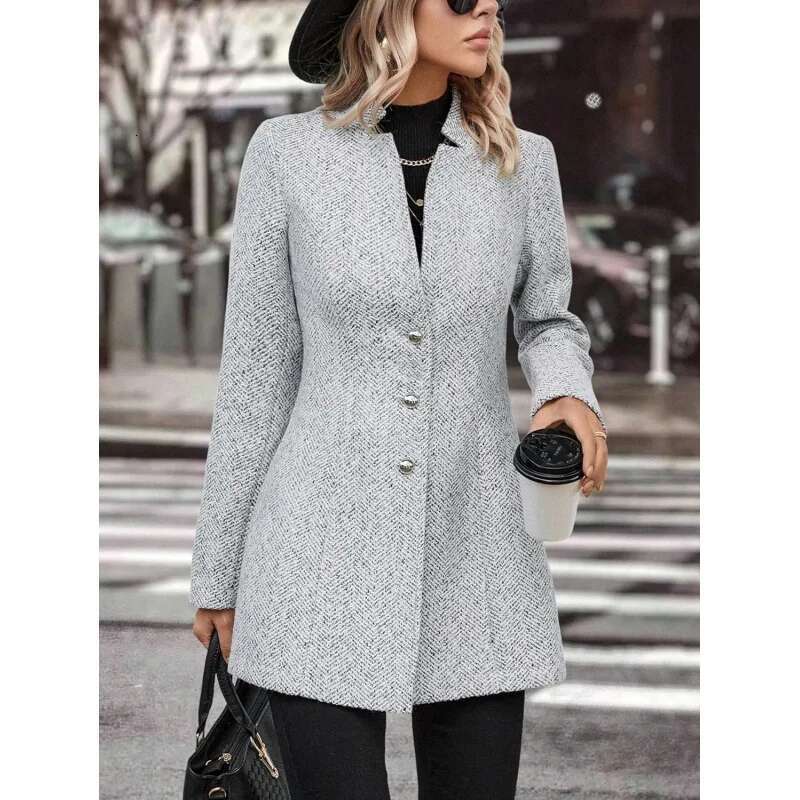 Europe And The United States Cross-Border 2024 New Long Sleeve Solid Color Standing Collar Button Trench Coat Fashion Women Casu