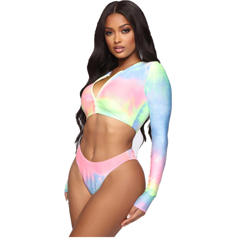 Women's Bikini Long Sleeve Swimsuit Tankini Set Tie Dyed Print Front Zip Swimming Swimsuit Two Piece Swimsuit