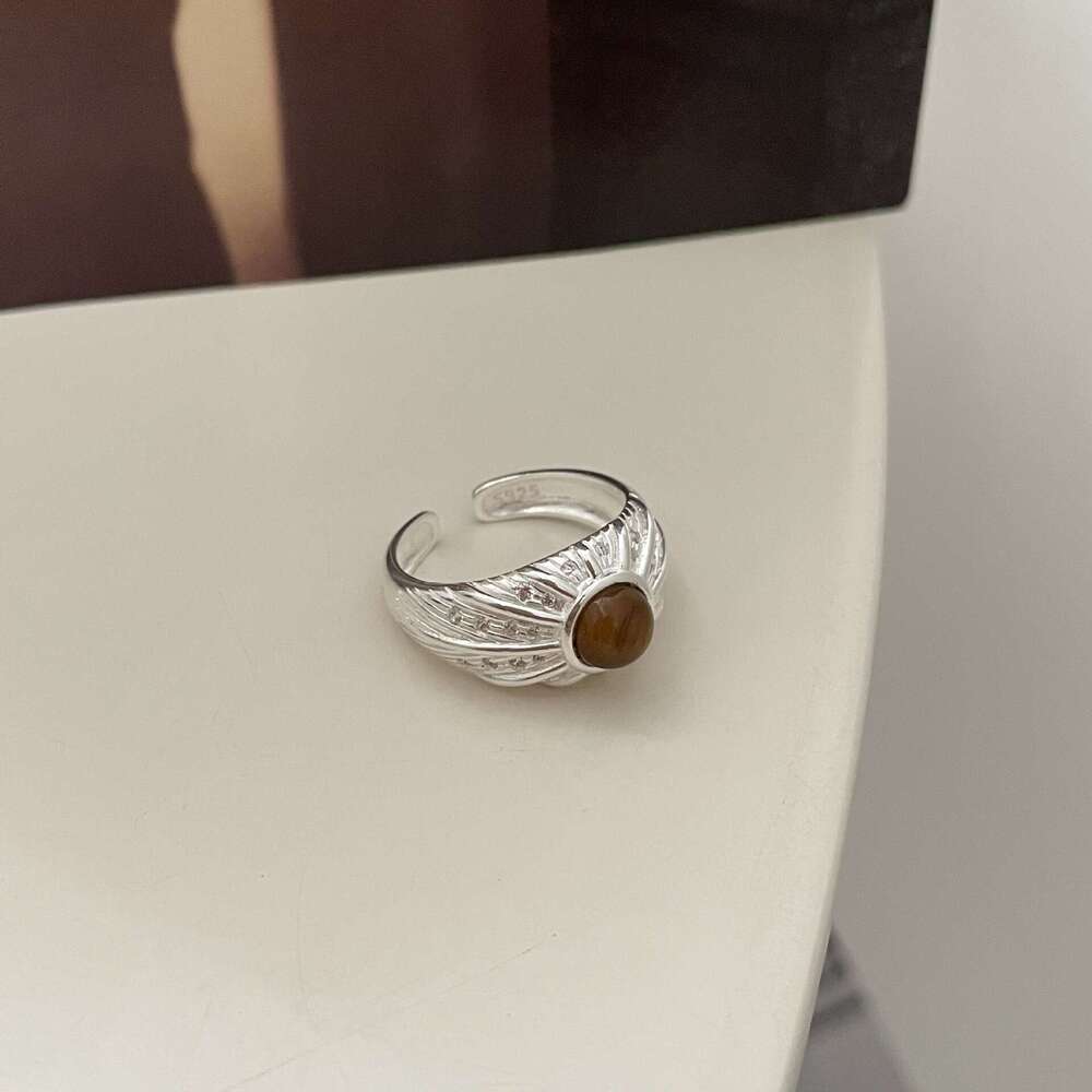 Tiqi S pure silver antique style tiger eye stone for women a high-end feel, slightly inlaid with sparkling zirconium wide version index finger ring tr
