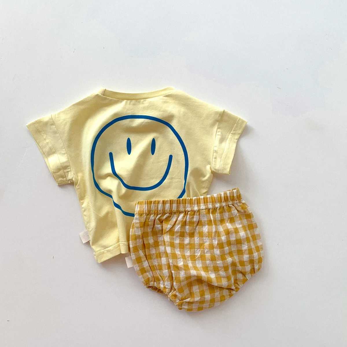Summer Kids Baby Girls Boys Short Sleeve Smile Face Print Top Tees Plaid Bottoms Shorts Infant Children Cotton Clothing Set 2pcs W250218