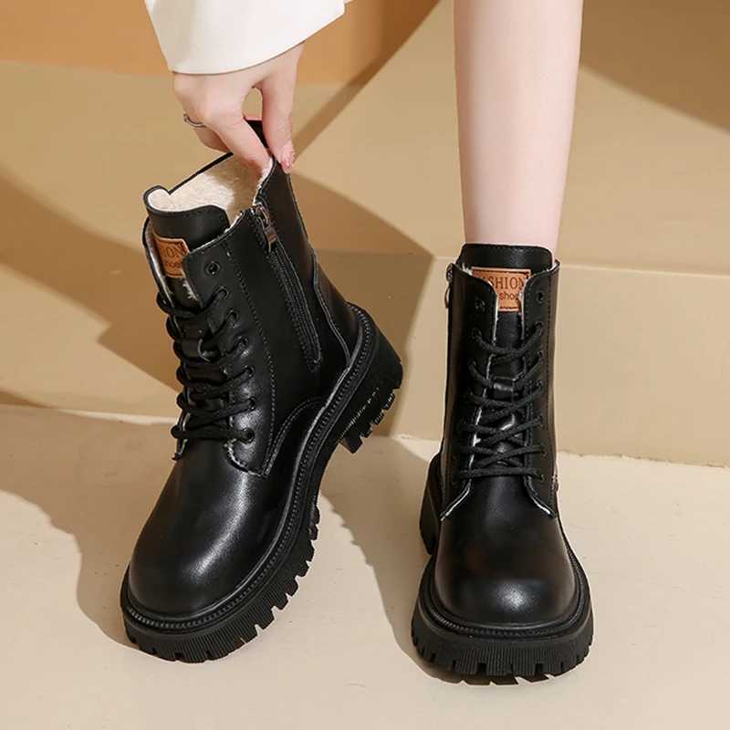 Warm Short Plush Pu Leather Ankle Boots Women Autumn Winter Platform Combat Boots Woman Thick Sole Zipper Lace Up Botas MujerXJ250217