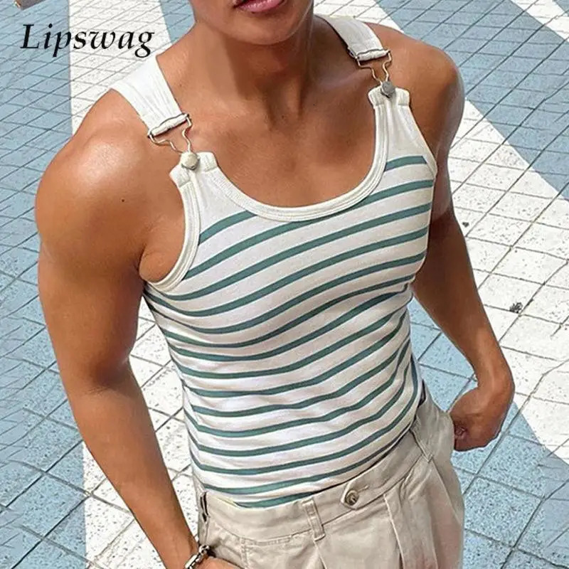 Fashion Metal Button Straps Sleeveless Vest Men Summer Sexy Slim Fit Ribbed Tank Tops For Mens Vintage Striped Printed Camisoles 250214