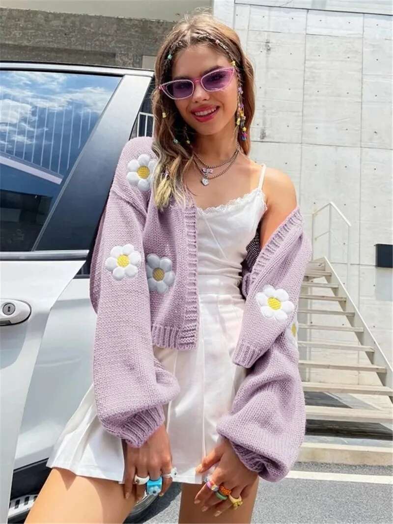 European And American Autumn New Sweet Wer Pattern Cardigan Loose Short Knitted Women's Sweater Jacket