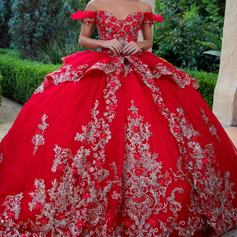 Red Shiny Quinceanera Dresses Ball Gown Off Shoulder Appliques Lace Flower Beading Crystal Tull Sweet 16 Dress Vestidos 15 De Anos