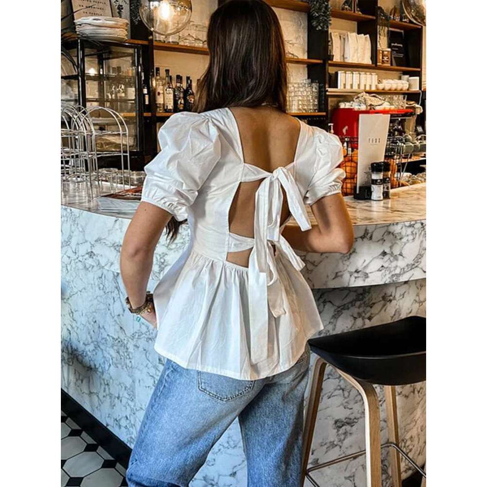 Fashion Backless Short Sleeve Shirts For Women Casual Back Lace Up Tops 2024 Spring Summer Chic Ladies Shirt Loose Streetwear