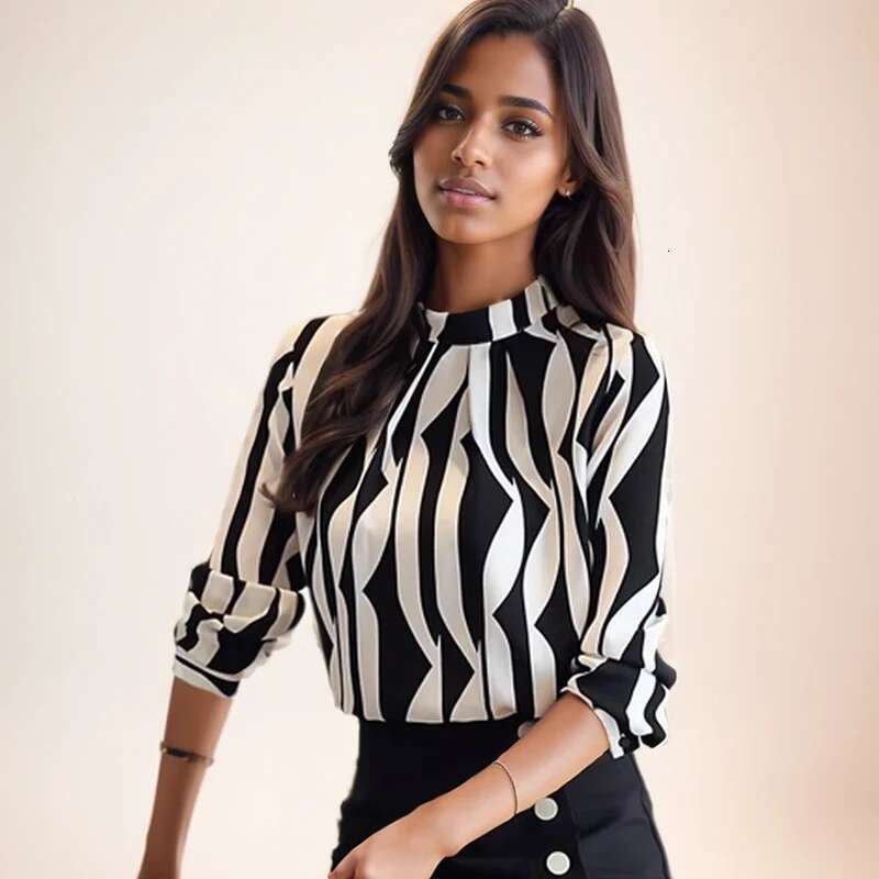 Fashion O-Neck Blouse Spring New White Black Striped Long Sleeve Chiffon Shirt Elegant Office Lady Work Wear Tops Blusas 0941 60