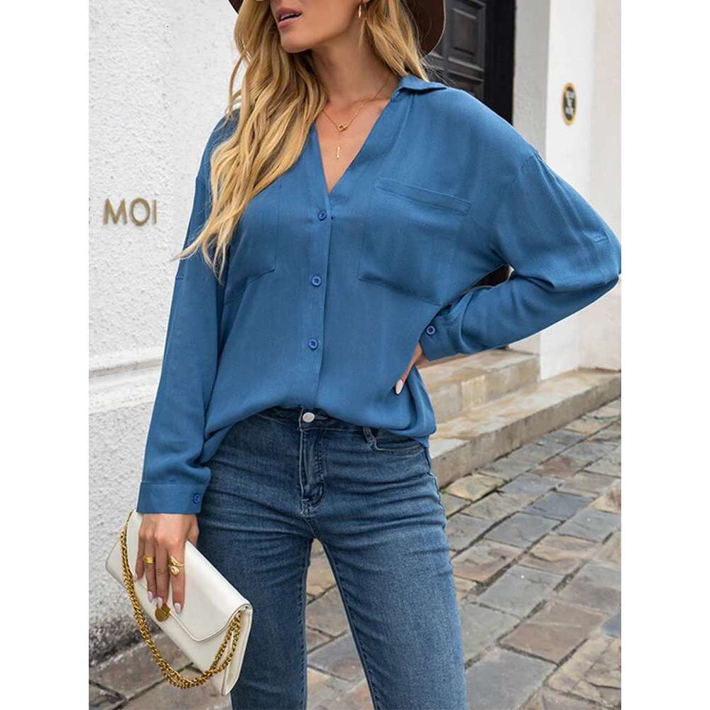 2024 Spring And Summer New Pocket V-Neck Long Sleeve Shirt Women's Casual Loose Solid Color Tops