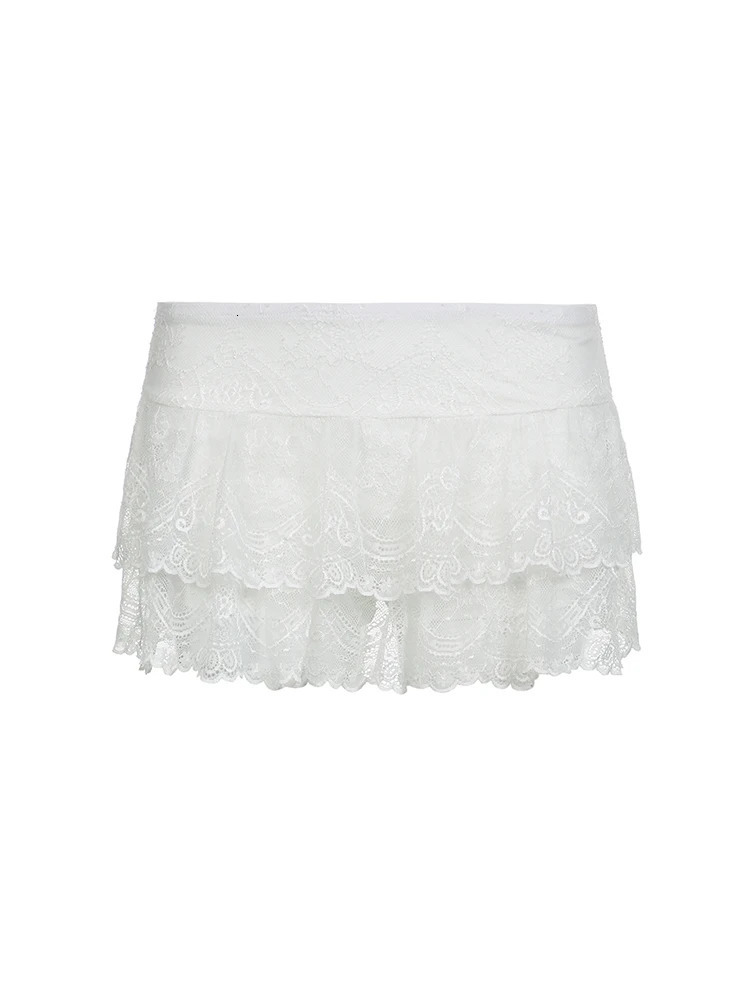 Black Solid Low Waist Tiered Lace Shorts Skirts Womens White Fairycore Micro Boho Skirt 250213
