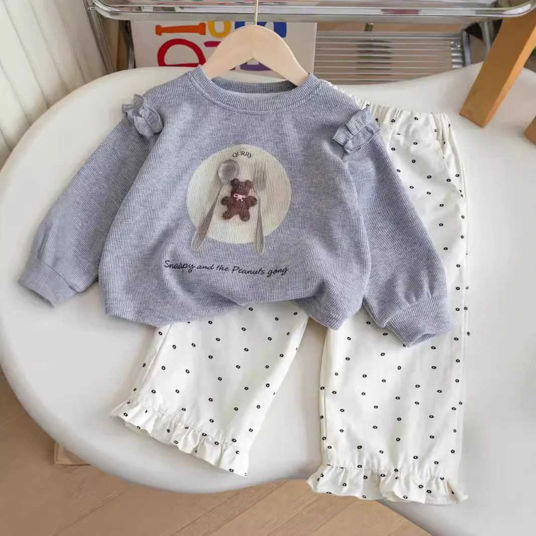 2025 Spring Children Girls 2PCS Clothes Set Printed Round Neck Lace Top Dot Straight Pants Suit Toddler Girls Outfits W250218