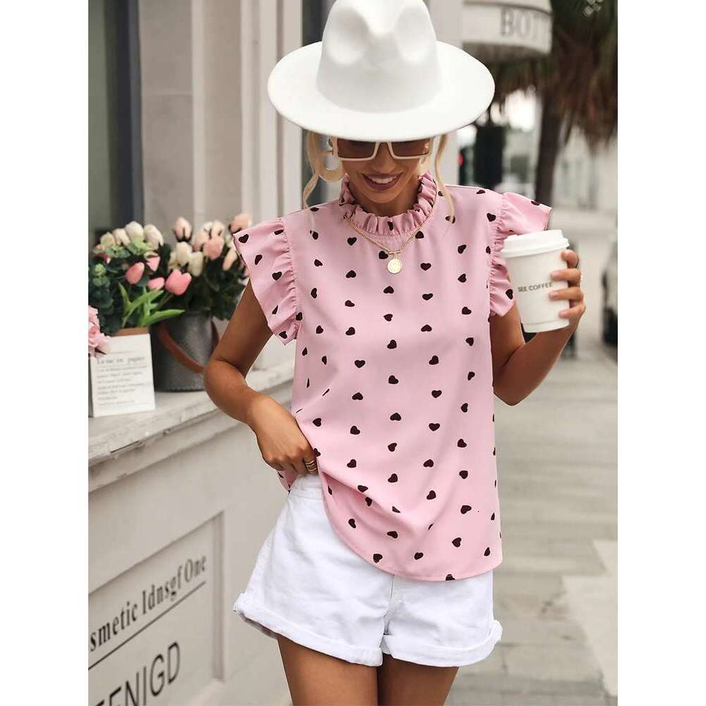 Fashion Chiffon Print Women's Shirt Casual Ruffle Short Sleeve Top Pink Chic Woman Blouse And Shirts Elegant Blouses Summer 2022