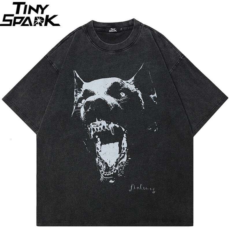 Hip Hop 2024 Streetwear Retro Washed Black T-Shirt Animal Vintage Graphic T Shirt Cotton Unisex Tshirt Men Tops Tee Hipster Dope