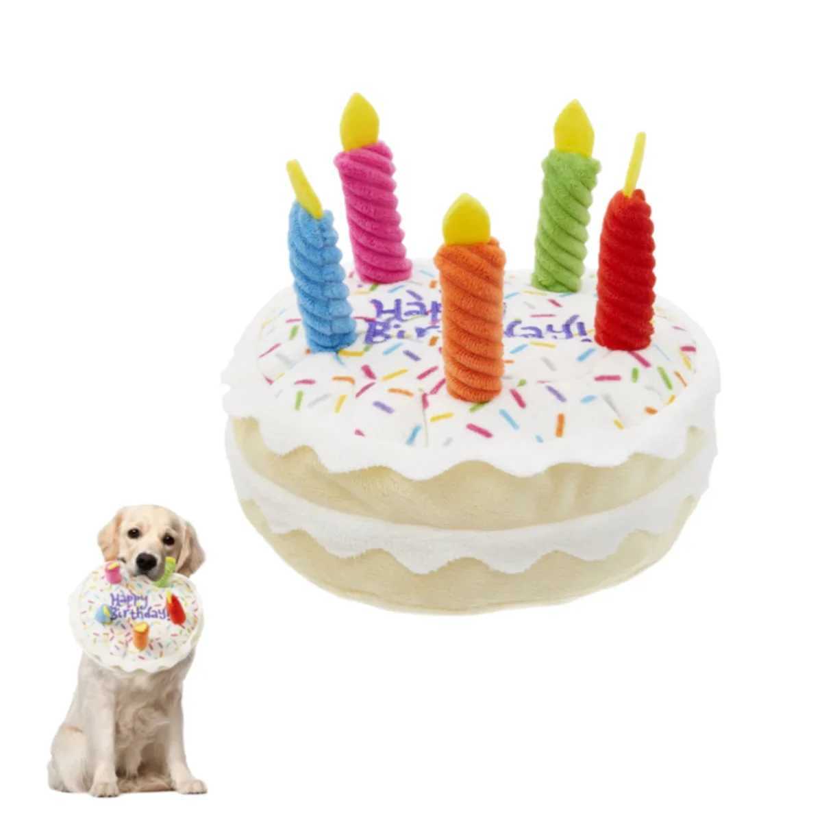 Others Dog Toys Chews Dog Birthday Cake Toy Soft Plush Squeaky with Colorful Candles Durable Funny Stuffed Chew for Large Breeds Birthday Gift scarf H
