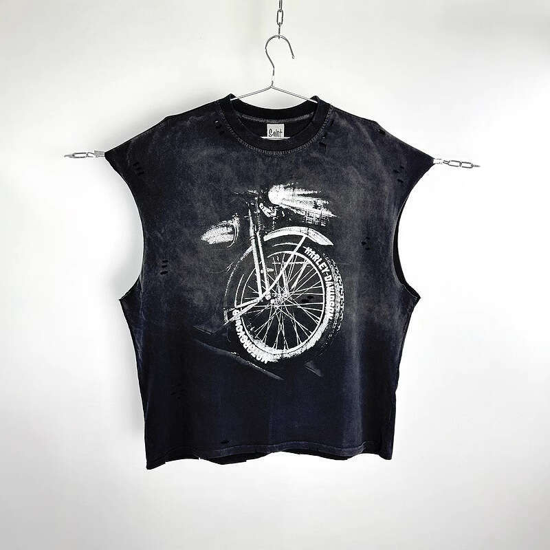 New American style hand water tank top, worn out, washed with white ink, direct spray printed short sleeved T-shirt