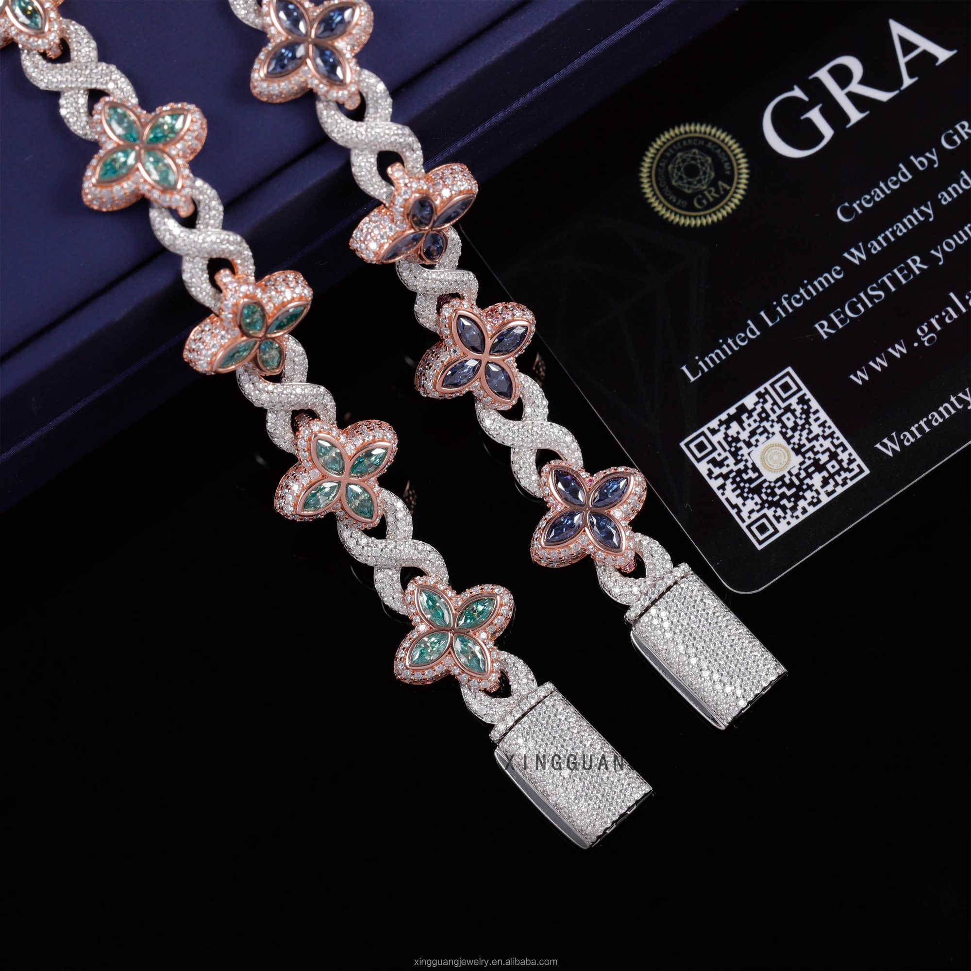 Hot Selling 12MM 925 Sterling Silver Cuban Clover Bracelets Iced Out Hip Hop Infinity Colored Moissanite Cuban Bracelet