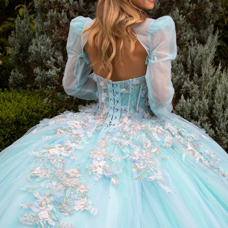 Water Blue Shiny Quinceanera Dresses Ball Gown Off The Shoulder Applique Lace Beads Corset Tull Party Birthday Swee 16 Dress Vestido 15 De Anos