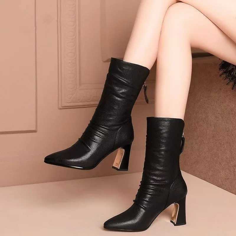 2024 Women Soft Leather Mid Calf BootsFi High Heels ShoesPointed Toe Short BotasBack ZipBlackRedDropshipXJ250217