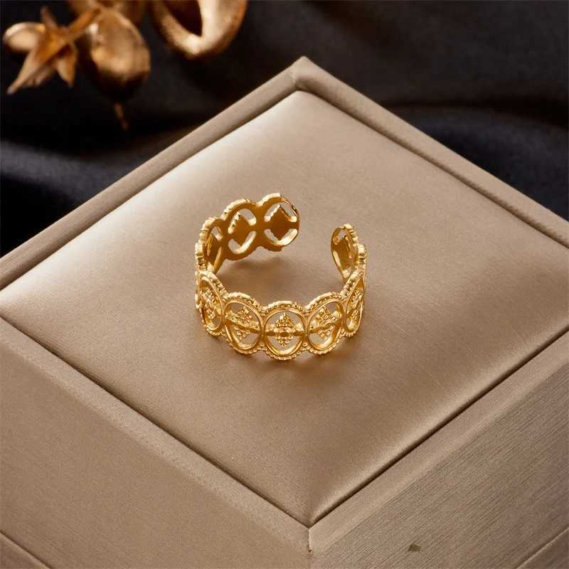 Cluster Rings DIEYURO 316L Stainless Steel Retro Open Womens Ring Hollow Outer Gold Adjustable New Jewelry Wholesale H250217