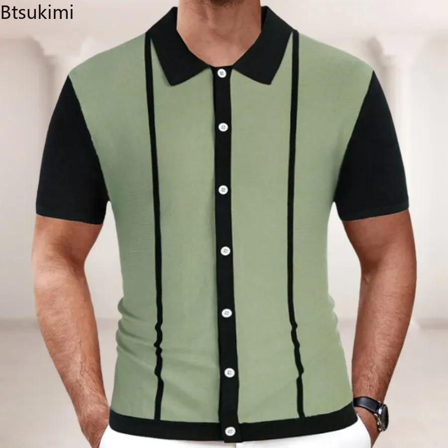 2025 Mens Summer Casual Shirts Knitted Patchwork Striped Polo Shirt Men Turndown Collar Button Slim Fit Tops Ice Silk Tshirt 250213