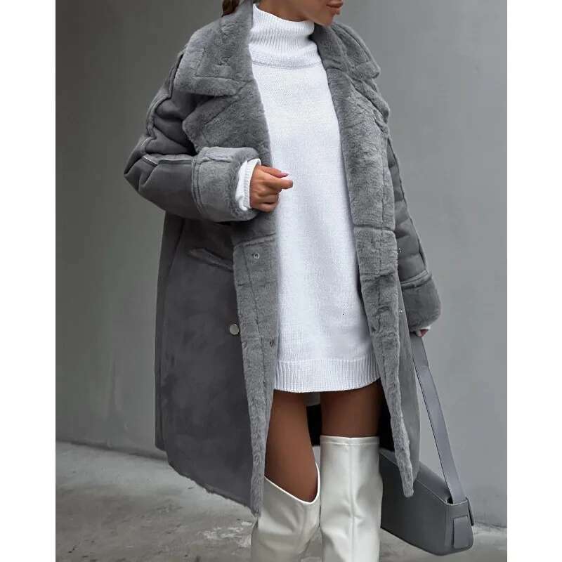 New Loose Cardigan Large Autumn Winter Plush Warm Windbreaker Women Long Sleeve Turn-Down Collar Trench Coat