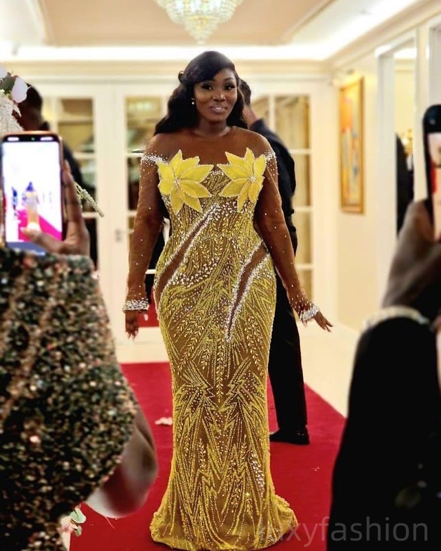 Aso Ebi 2025 Yellow Illusion Mermaid Prom Dresses Beaded Crystals Florals Evening Formal Party Second Reception Birthday Gowns Dress For Special Occas