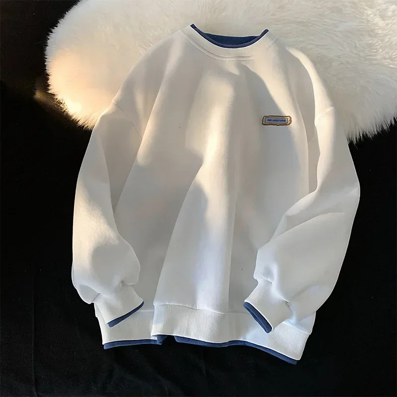 Fashionable Mens Round Neck Sweatshirt Solid Color Loose Fit College Style Top Autumn Winter 2024 Arrivals 250217
