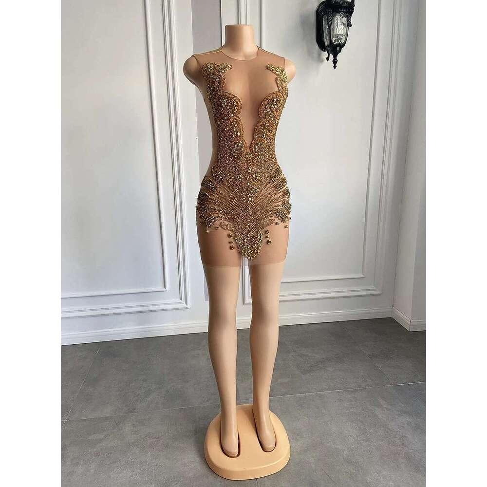 Sheer Sexy See Through Black Girl Short Prom Dress Golden Dia Beaded Crystals Women Tail Party Gowns For Birthday