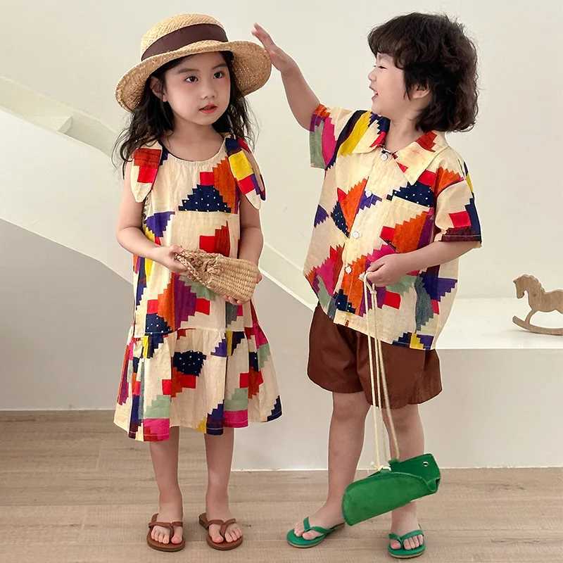 Vacation Sle Childrens Clothes Boys Lapel Shirt Shorts 2pcs Girls Colorful Print Sleeveless Dress Siblings Summer Outfit W250218