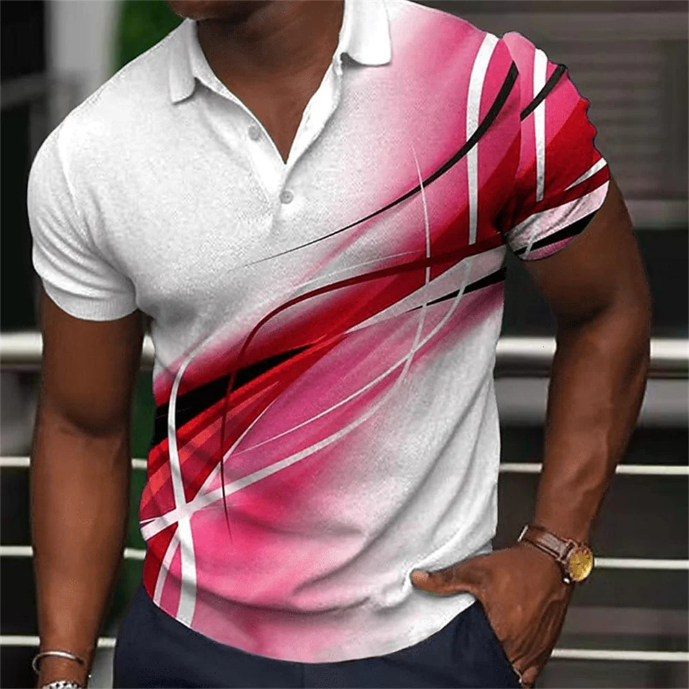 Fashion MenS Polo Shirt Gradient Line Summer Short Sleeve TShirts Casual Daily Lapel Tops Tees Striped T For Man Clothing 250213