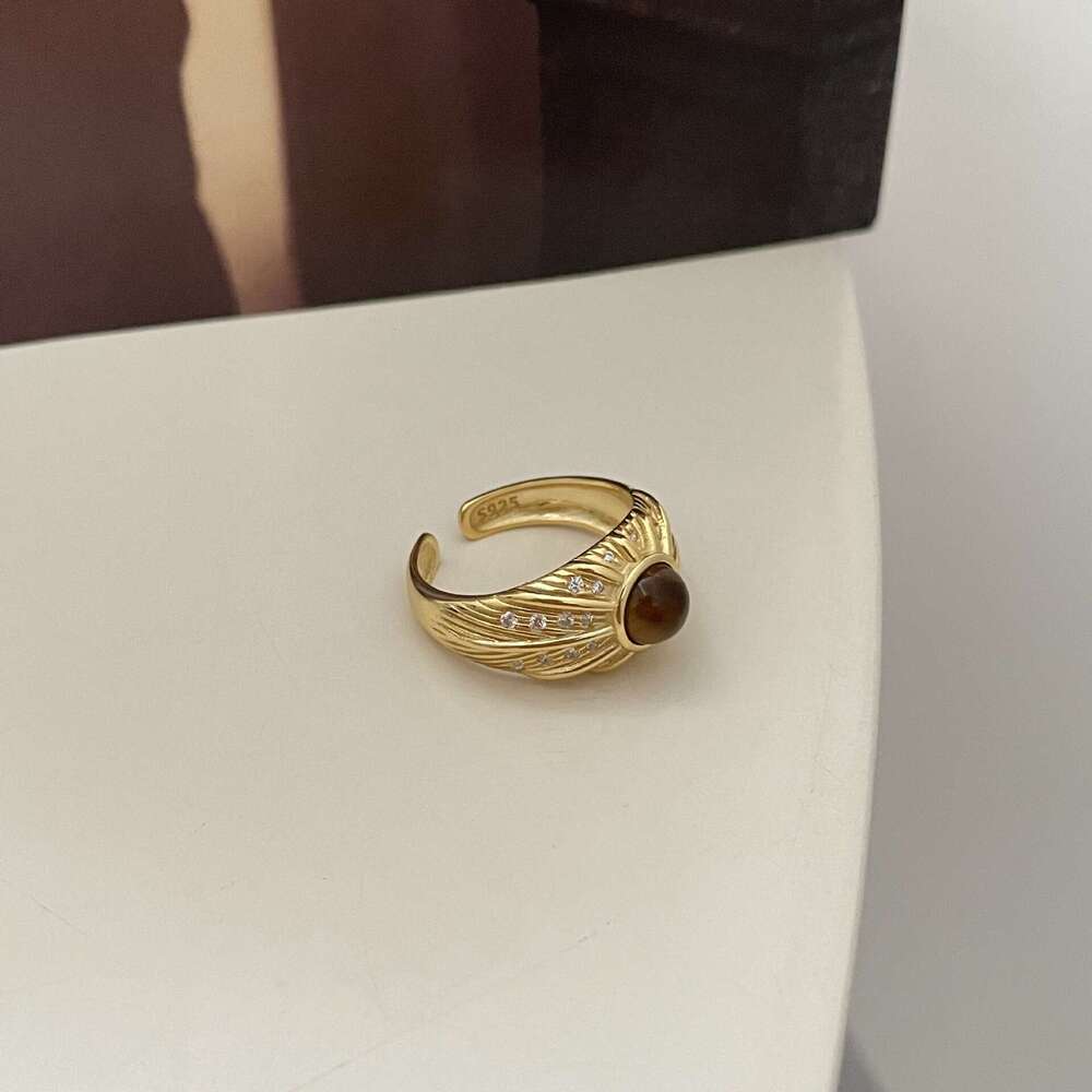 Tiqi S pure silver antique style tiger eye stone for women a high-end feel, slightly inlaid with sparkling zirconium wide version index finger ring tr