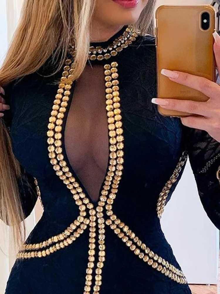 Basic Casual Dresses Rhinestone Decor Contrast Mesh Long Slve Lace Dress Women Sexy Bodycon Party Dress H25217