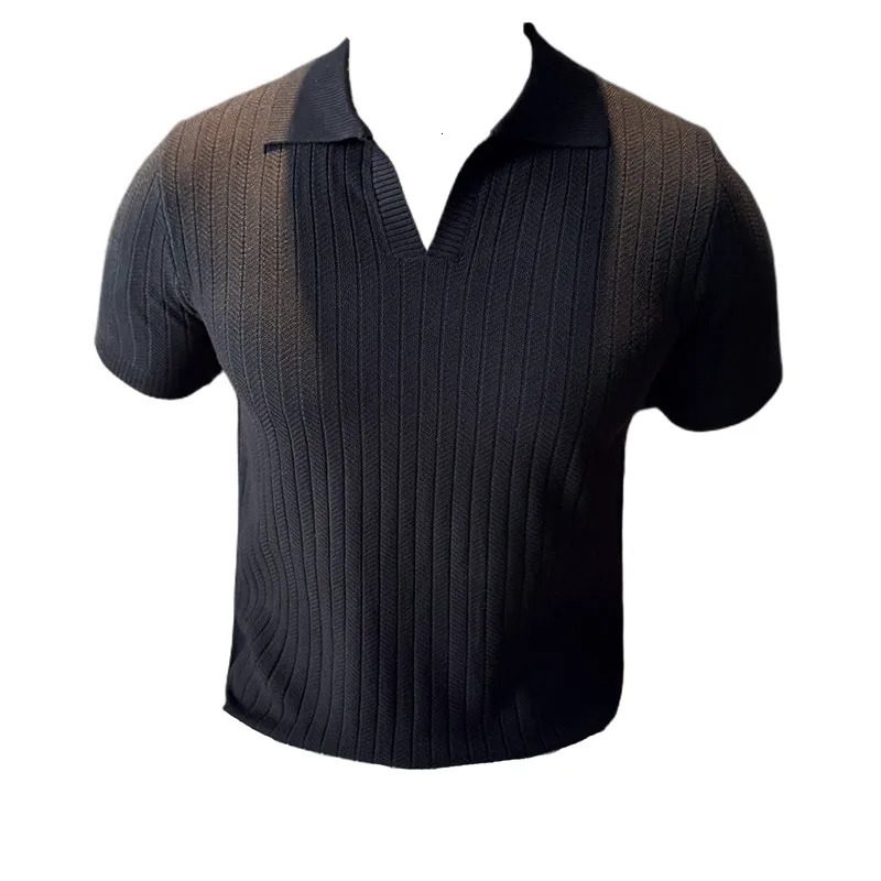 2024 Summer Striped Vneck Knitted Polo Shirt Fashion Mens Short Sleeve Thin Breathable Casual Social Tshirt 4XLM 250213