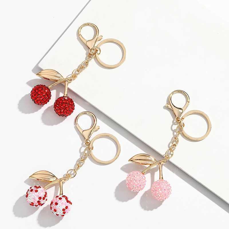 Keychains Lanyards 1Pcs Jewelry Decoration Cherry Fruit Keychain Simulation Fruitage Alloy Set With Diamonds Keyring Ladies Car Bags Pendant H250217