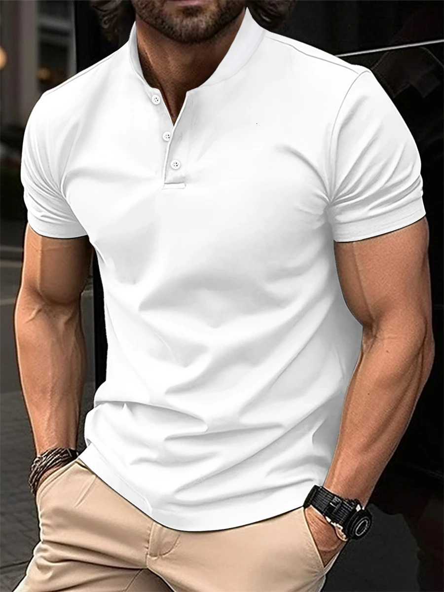 SpringSummer Mens Short Sleeved Neck Tshirt Solid Color Casual Polo Shirt Trendy Breathable Loose Top 250213