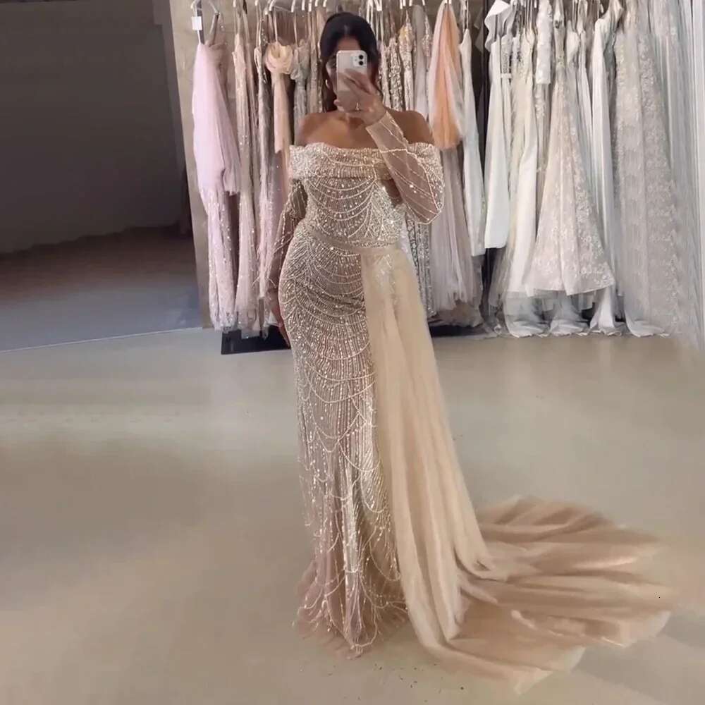 Arabia Dubai Nude Mermaid Boat Neck With Overskirt Evening Dresses Gown Customize Evening Party