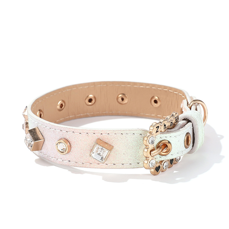 Luxury Leather Dog Collar with Rhinestone Accessories,Shiny Gradient Leather Pet Collar, Adjustable Dog Accessories for Small Dogs, Pomeranian, Chihua