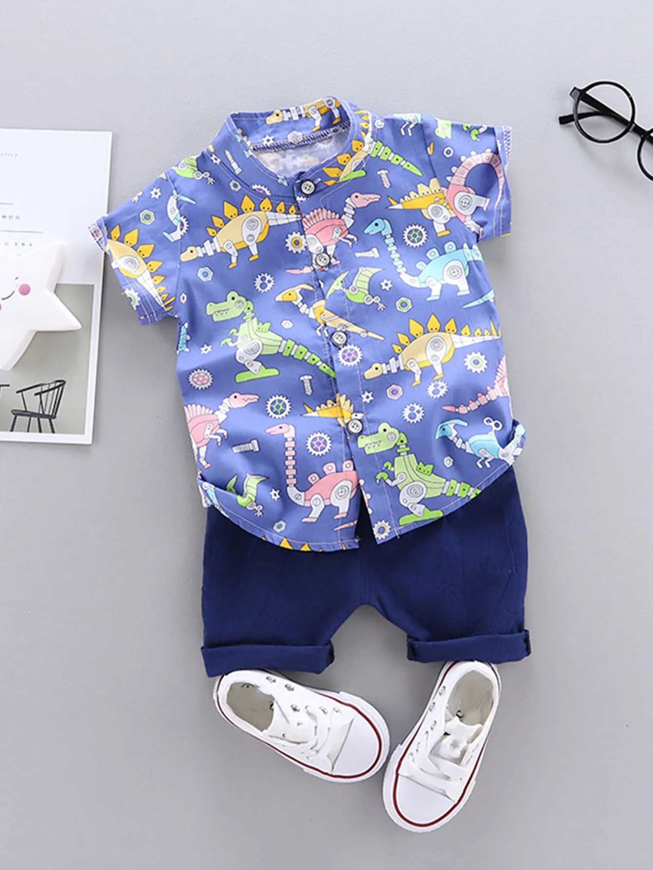 2PCS baby and toddler summer full print machine dinosaur pattern standing collar shirt short sleeved shorts set W250218