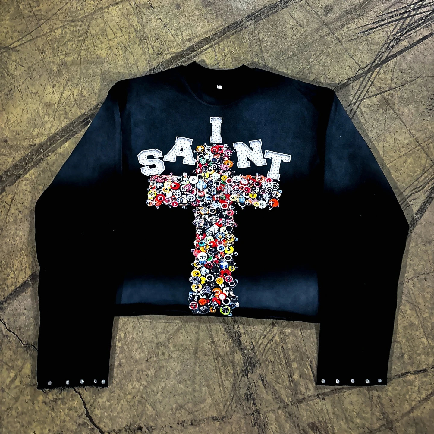 Streetwear Rhinestone Black Long Sleeve Tops Men Women Harajuku Gothic Cross Graphic Print Oversized T Shirt Autumn Clothing 250217