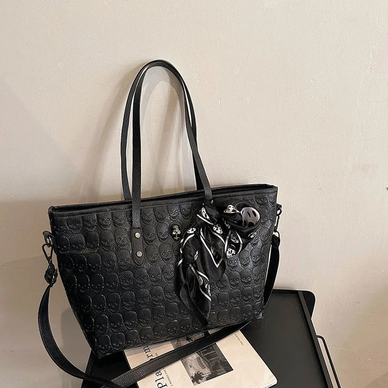 European and American Rivet Large Bag Printed Skull Silk Scarf Shoulder Handbag Fashion Casual Womens 250206