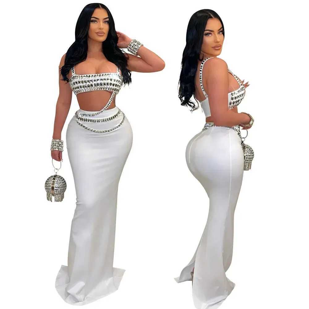 Basic Casual Dresses Women Set Diamonds Hot Rhinestones Strapless Top + Long Skirt Suit Dress Sets Two 2 Piece Set Party Club Night Outfits H25217