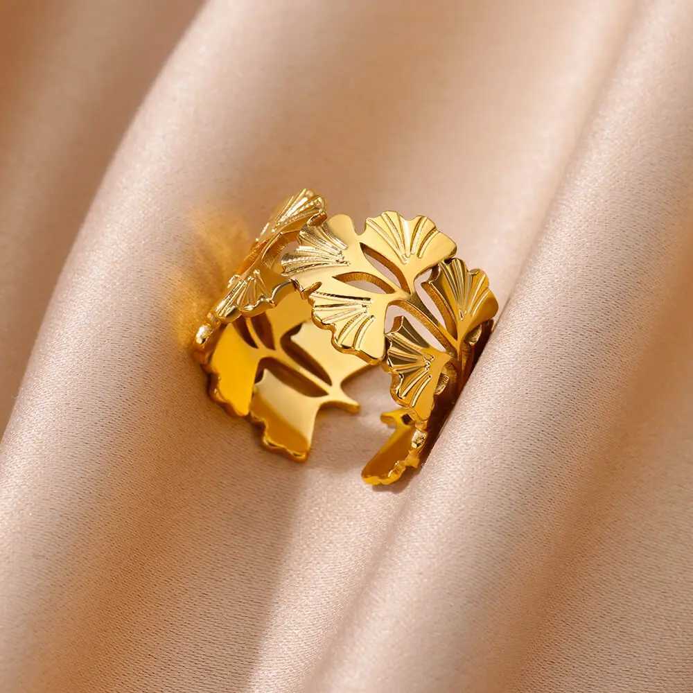 Cluster Rings Stainless Steel Flower for Women Men Gold Color Open Vintage Ginkgo Leaf Ring 2024 New Trend Wedding Jewelry bague Gift H250217 OZ7L