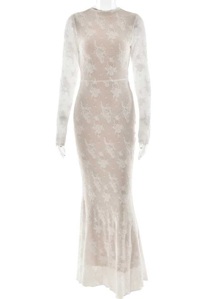 Basic Casual Dresses Fantoye Print Floral Peach Lace Maxi Dress Women Long Slve Round Neck Dress Female Winter Slim Elegant Partywear Vestidos 2024 H2