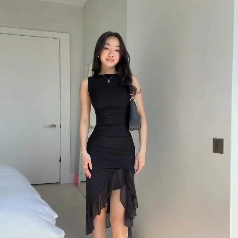 Basic Casual Dresses Women Maxi Dress Summer Elegant Solid Slveless Nipped Waist Slim Backless Ruffled Irregular Party Dresses Strtwear H25217